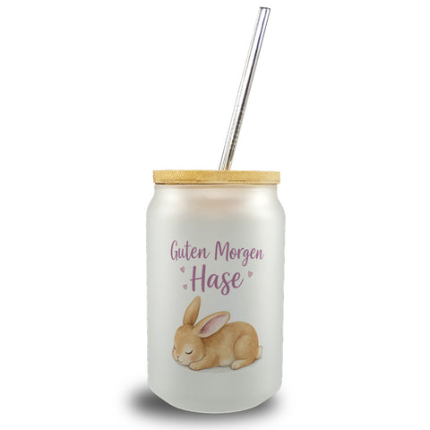 Schlafender Hase Guten Morgen Trinkglas mit Bambusdeckel