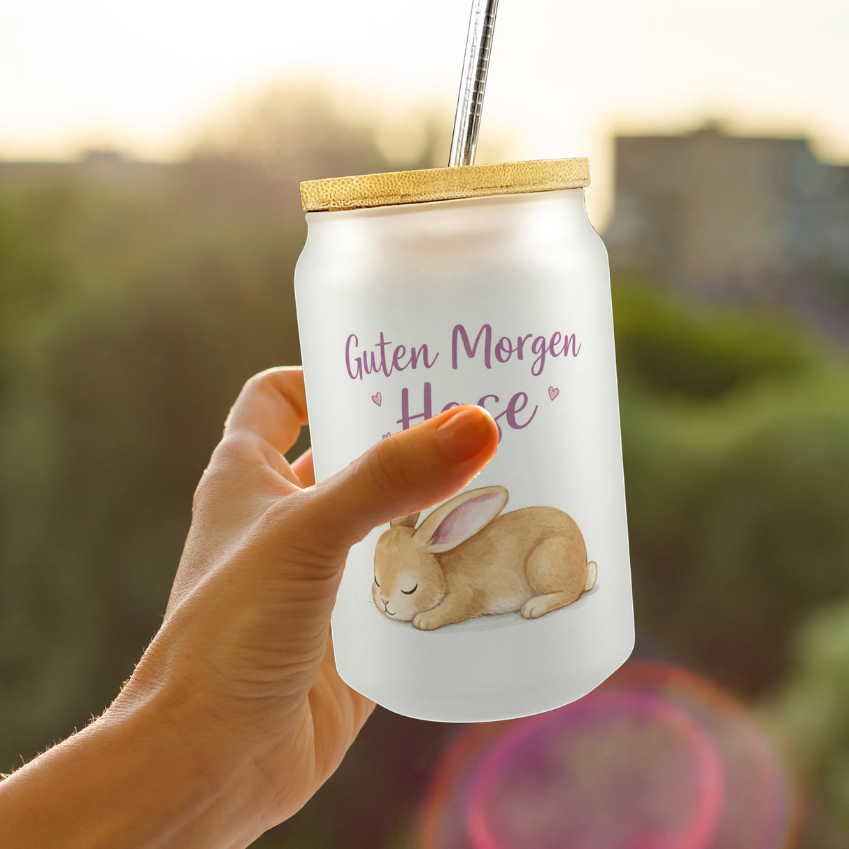 Schlafender Hase Guten Morgen Trinkglas mit Bambusdeckel