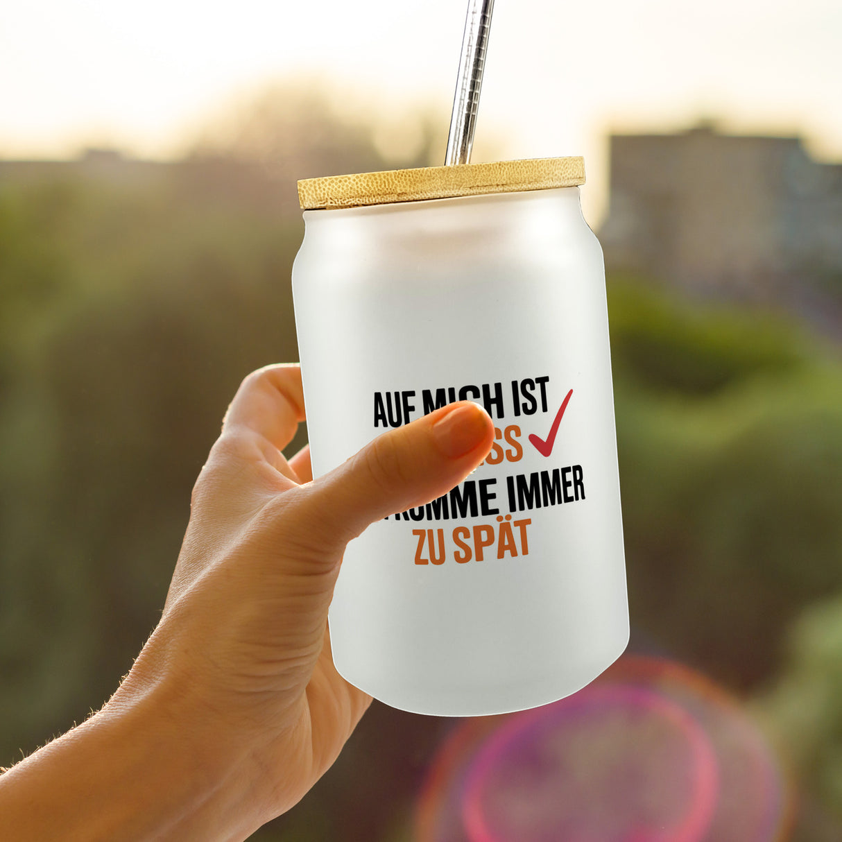 Auf mich ist immer verlass immer zu spät Trinkglas mit Bambusdeckel