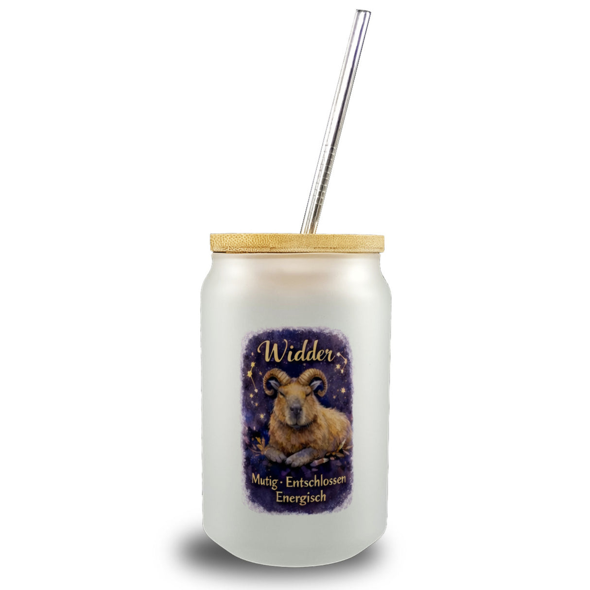Widder Sternzeichen Cabybara Trinkglas mit Bambusdeckel für Astrologie Fans