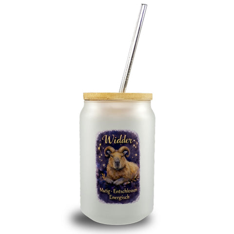 Widder Sternzeichen Cabybara Trinkglas mit Bambusdeckel für Astrologie Fans