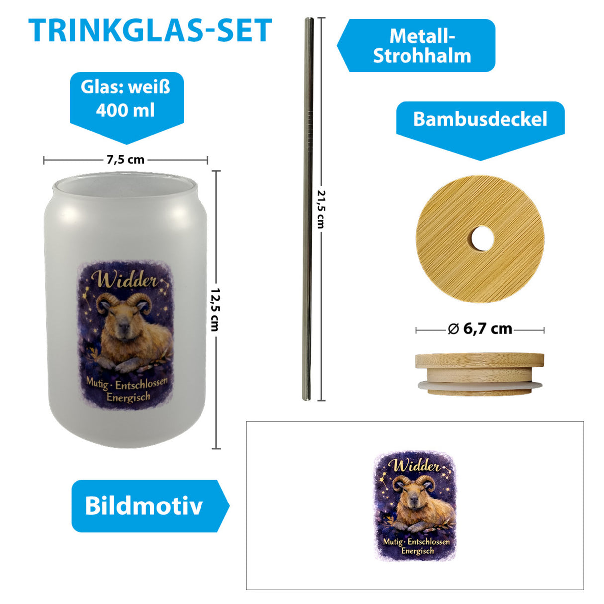 Widder Sternzeichen Cabybara Trinkglas mit Bambusdeckel für Astrologie Fans