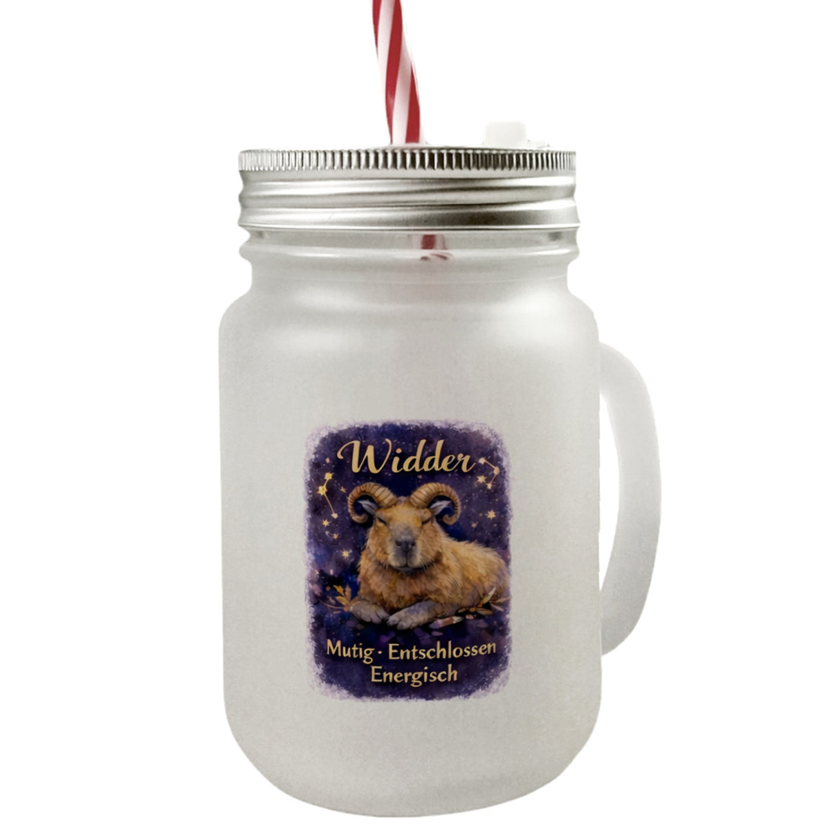 Widder Sternzeichen Cabybara Trinkglas mit Bambusdeckel für Astrologie Fans