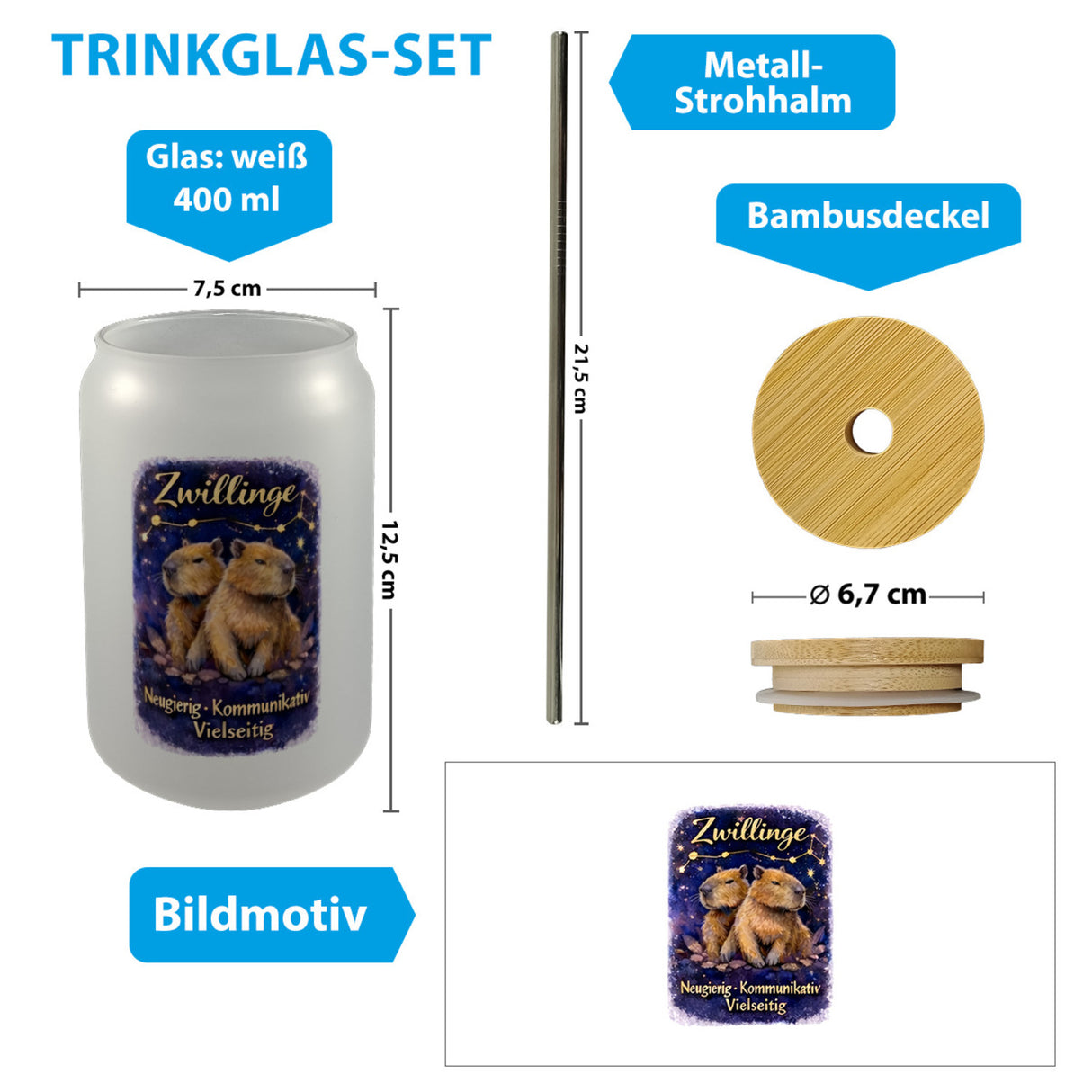Zwilling Sternzeichen Cabybara Trinkglas mit Bambusdeckel für Astrologie Fans