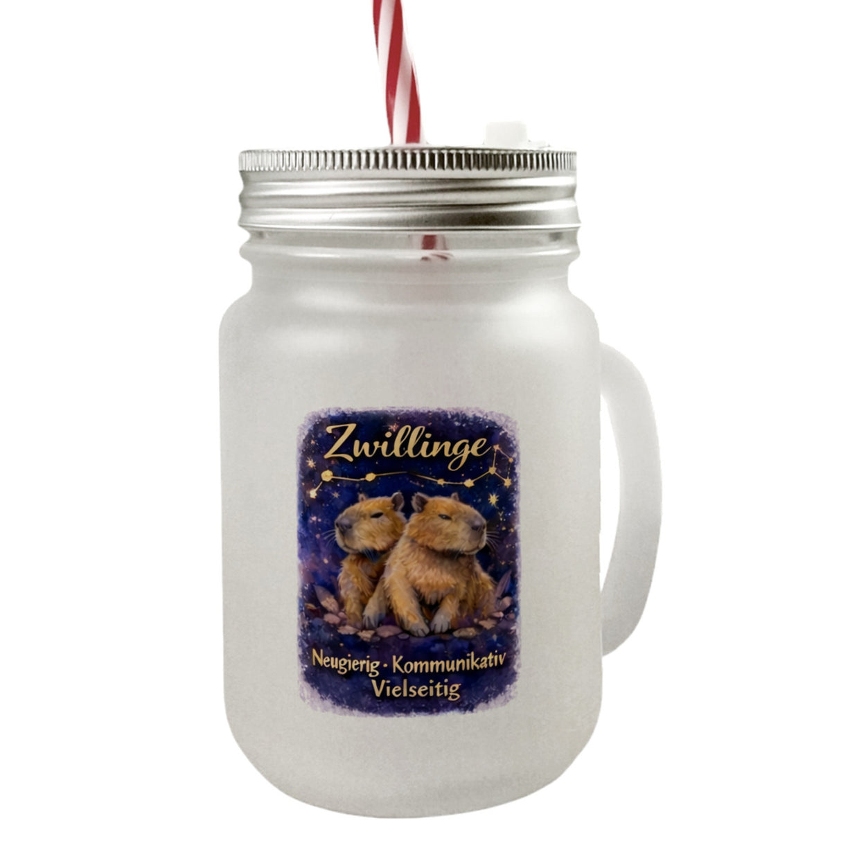 Zwilling Sternzeichen Cabybara Trinkglas mit Bambusdeckel für Astrologie Fans