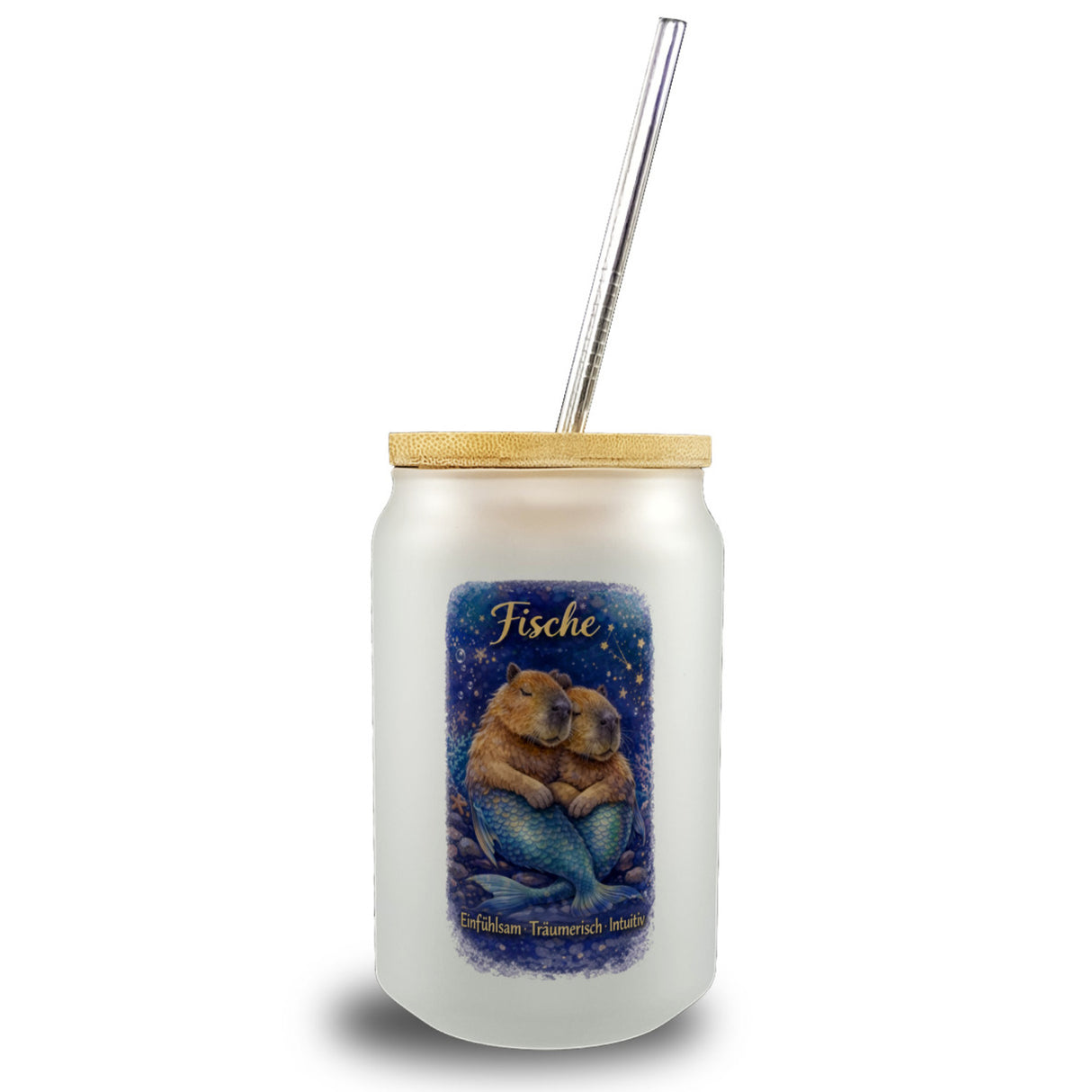 Fisch Sternzeichen Cabybara Trinkglas mit Bambusdeckel für Astrologie Fans