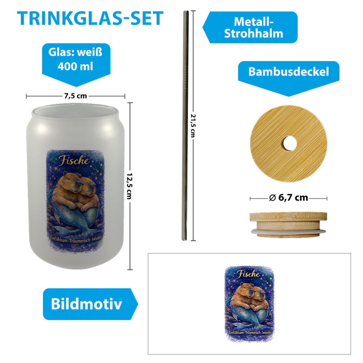 Fisch Sternzeichen Cabybara Trinkglas mit Bambusdeckel für Astrologie Fans