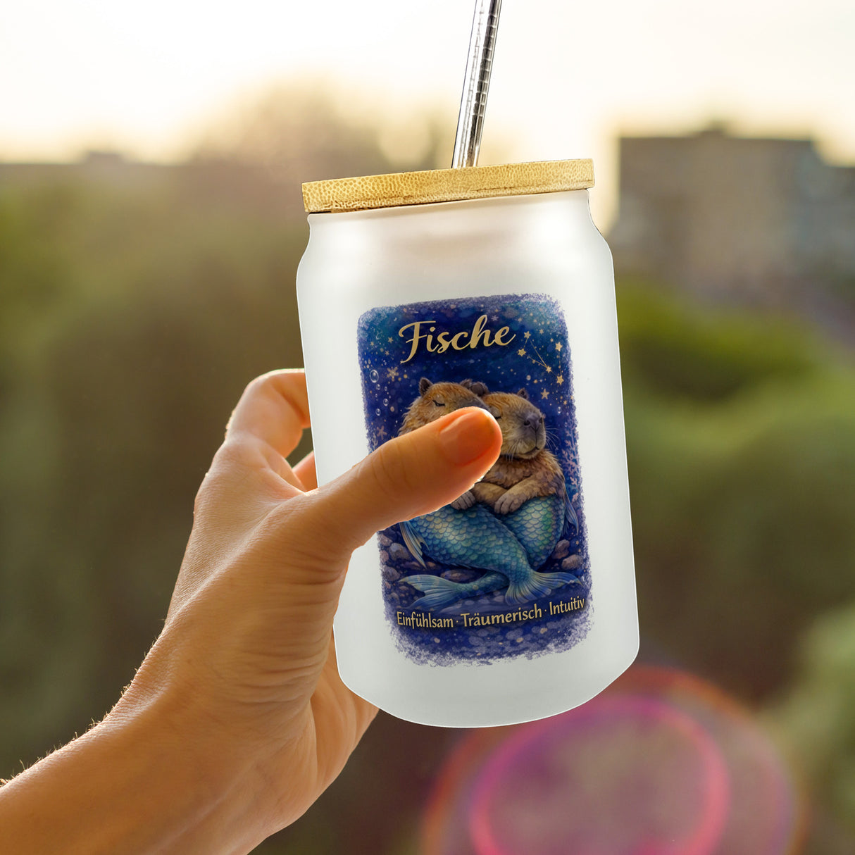 Fisch Sternzeichen Cabybara Trinkglas mit Bambusdeckel für Astrologie Fans