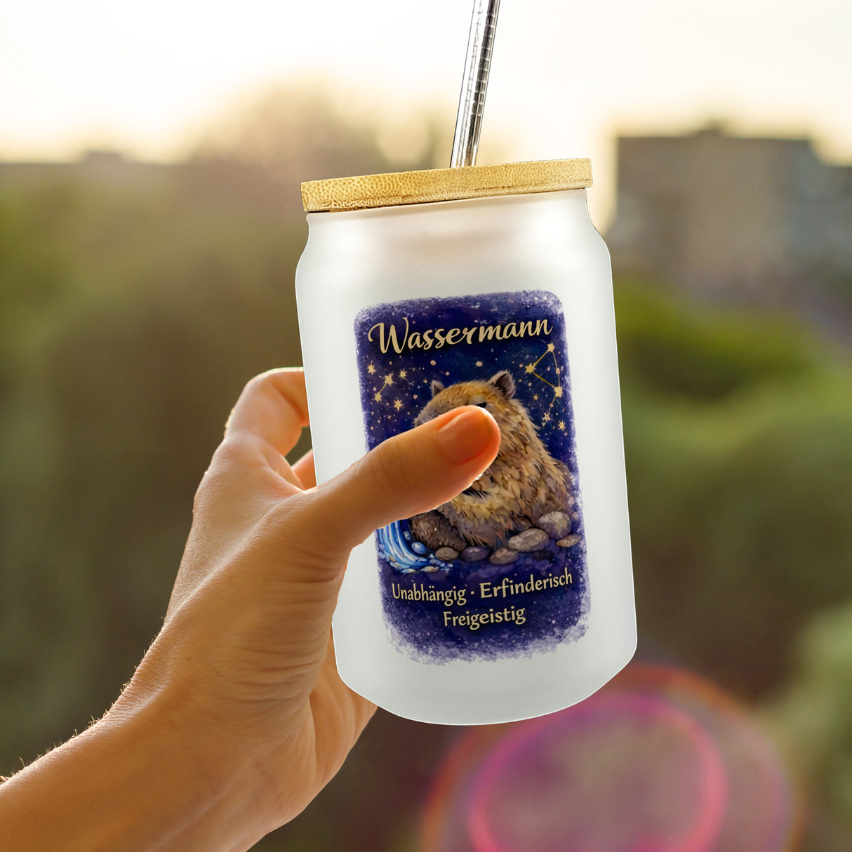 Wassermann Sternzeichen Cabybara Trinkglas mit Bambusdeckel für Astrologie Fans