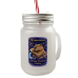 Wassermann Sternzeichen Cabybara Trinkglas mit Bambusdeckel für Astrologie Fans