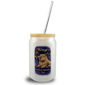 Waage Sternzeichen Cabybara Trinkglas mit Bambusdeckel für Astrologie Fans