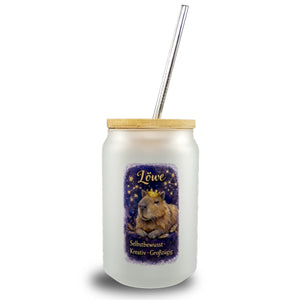 Löwe Sternzeichen Cabybara Trinkglas mit Bambusdeckel für Astrologie Fans