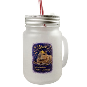 Löwe Sternzeichen Cabybara Trinkglas mit Bambusdeckel für Astrologie Fans