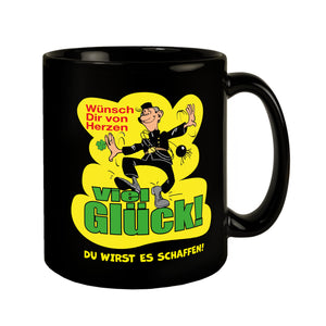 Kaminfeger Tasse in Schwarz mit Spruch: Viel Glück! Du schaffst es!