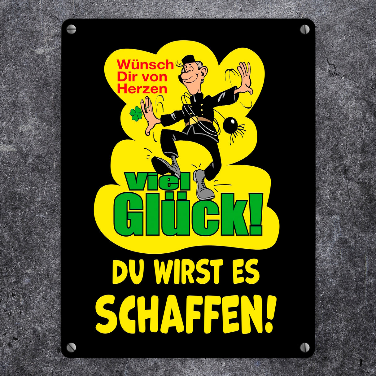 Kaminfeger Metallschild in 15x20 cm mit Spruch: Viel Glück, du schaffst es!