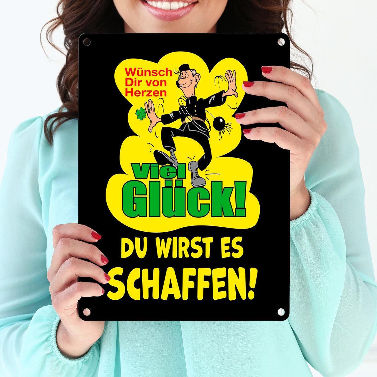 Kaminfeger Metallschild in 15x20 cm mit Spruch: Viel Glück, du schaffst es!