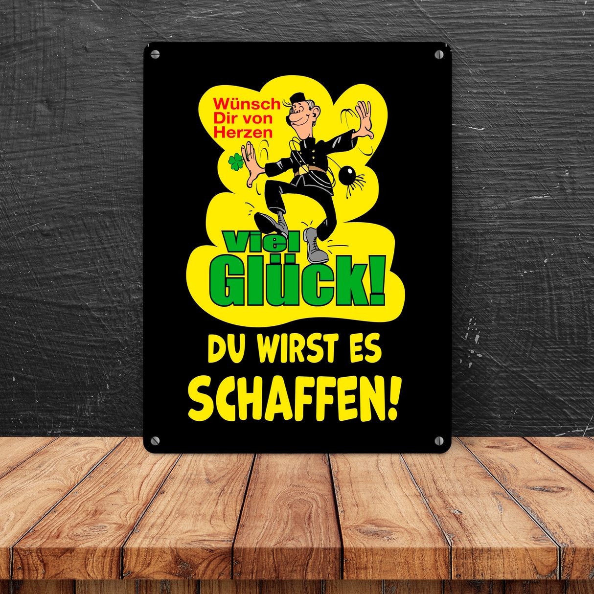 Kaminfeger Metallschild in 15x20 cm mit Spruch: Viel Glück, du schaffst es!