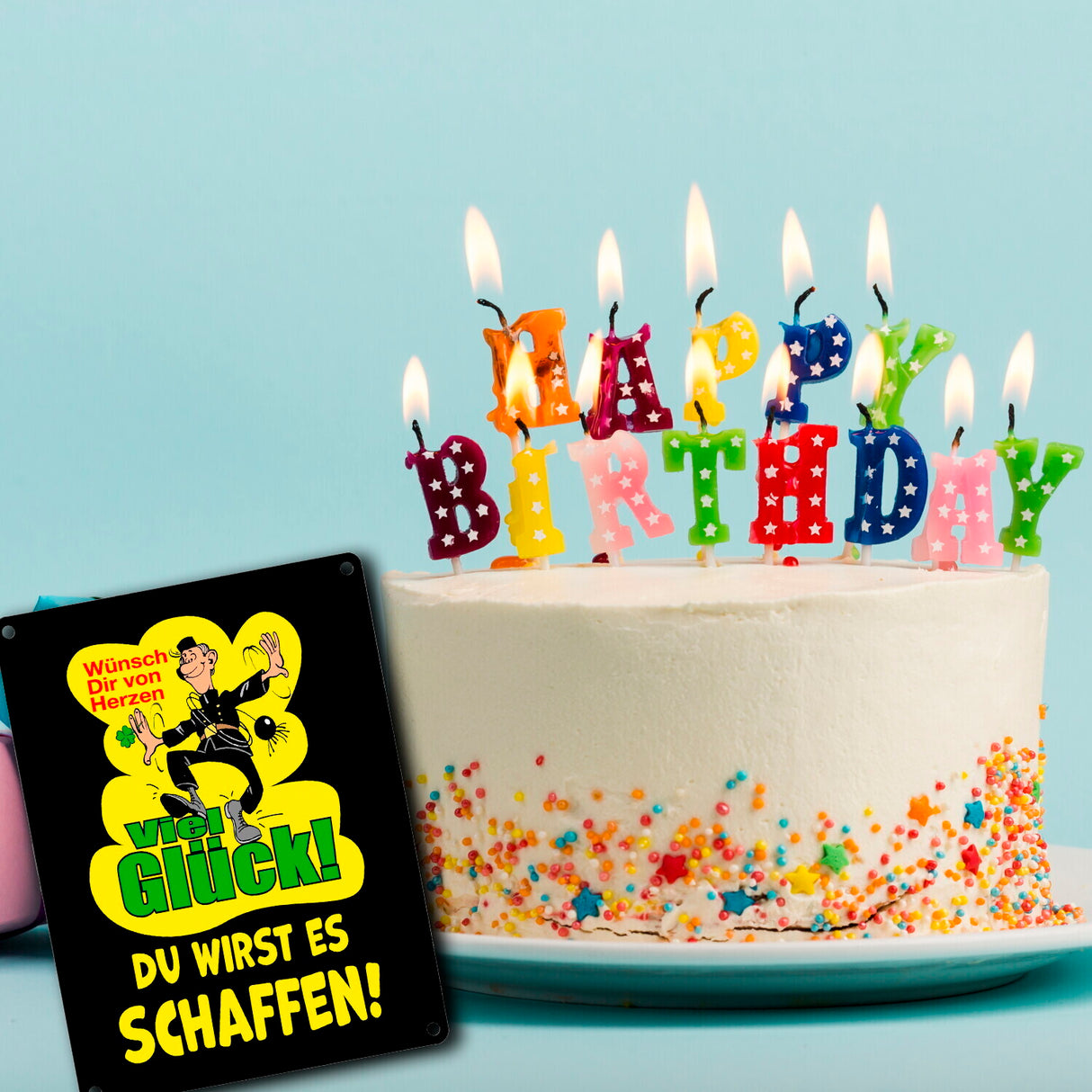 Kaminfeger Metallschild in 15x20 cm mit Spruch: Viel Glück, du schaffst es!