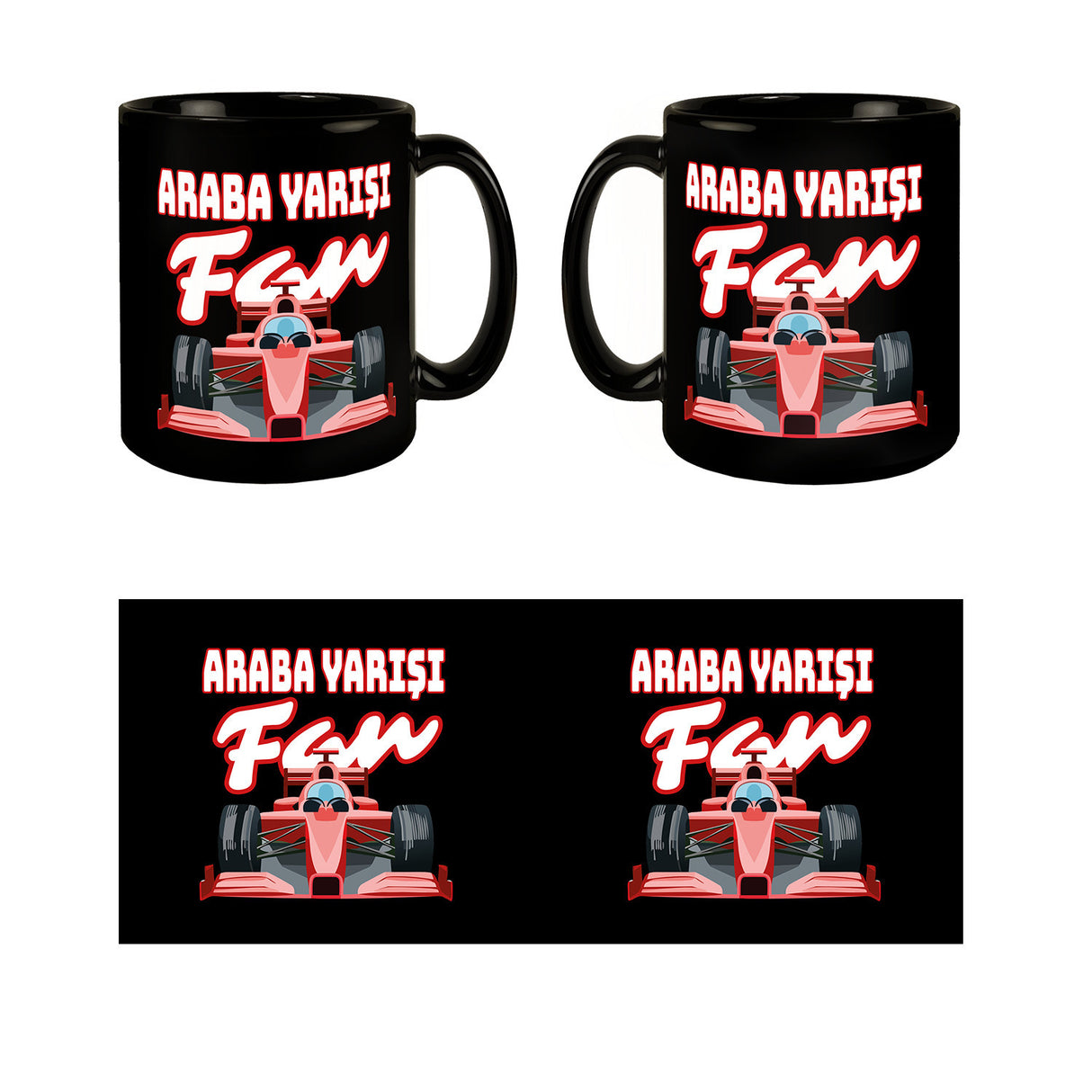 Sportwagen Tasse in Schwarz mit Spruch: Araba Yarisi Fan