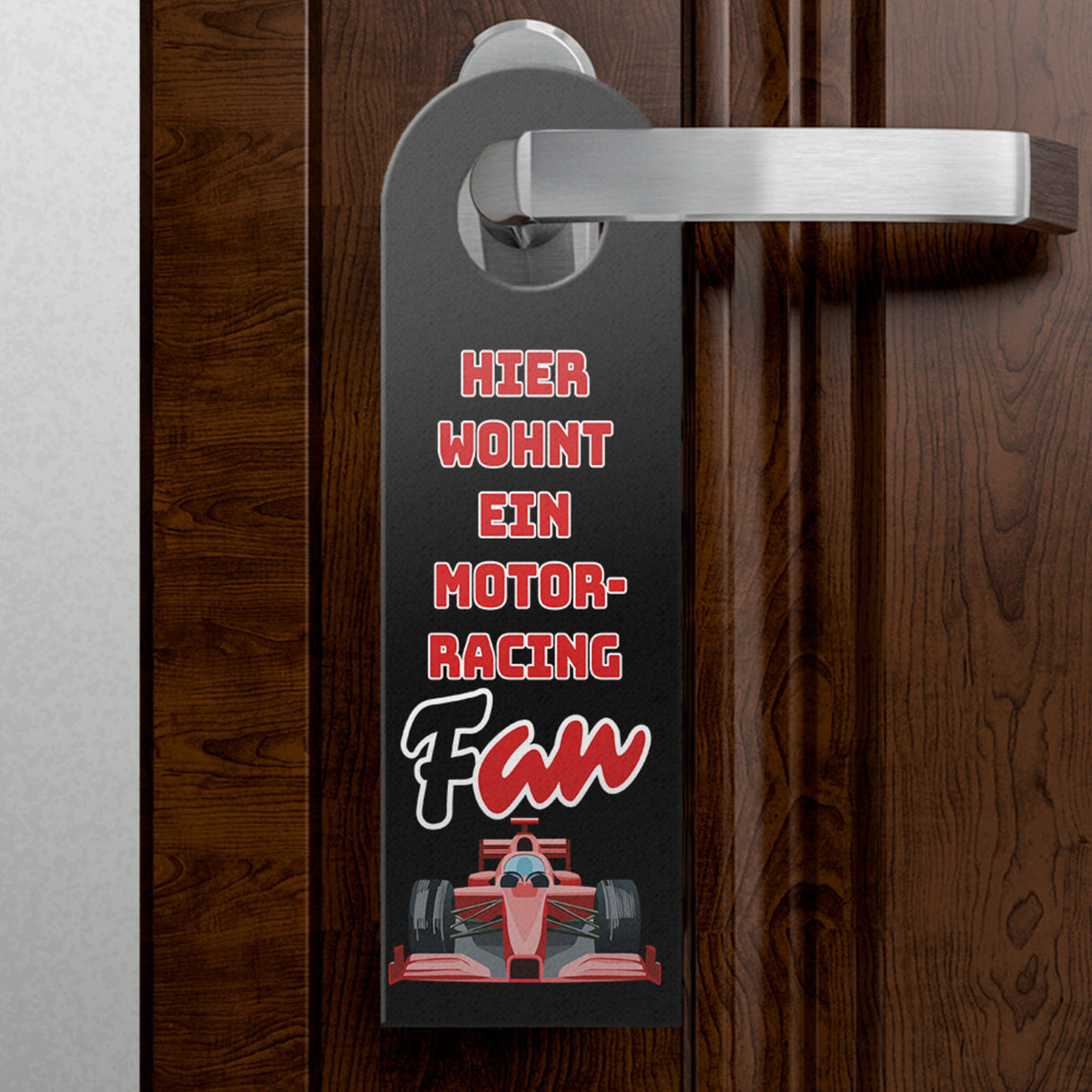 Sportwagen Türhänger mit Spruch: Rennen läuft, bitte nicht stören.