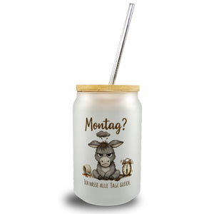 Eddi Esel Ich hasse alle Tage Trinkglas mit Bambusdeckel mit Spruch Montag