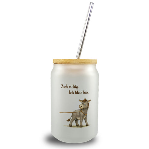 Eddi Esel Zieh ruhig Ich bleib hier Trinkglas mit Bambusdeckel für Eselfans