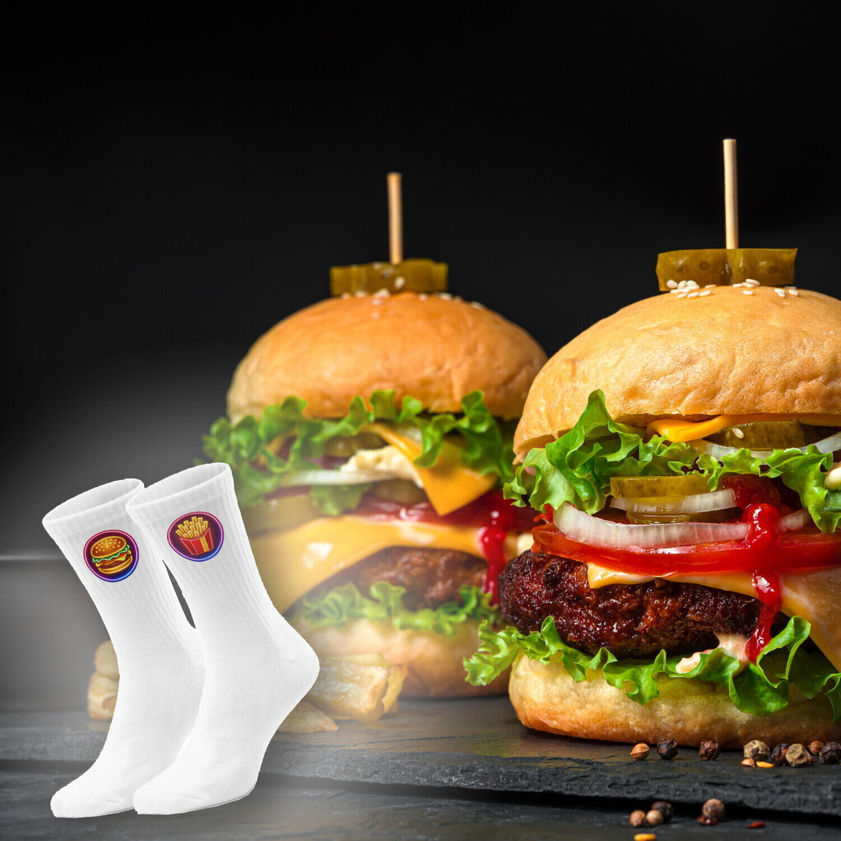 epicsocks Neon Fast Food Fiesta Burger mit Pommes Socken in 37-41 im Paar
