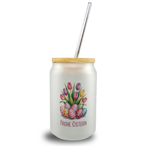 Tulpen und Ostereier Frohe Ostern Trinkglas mit Bambusdeckel