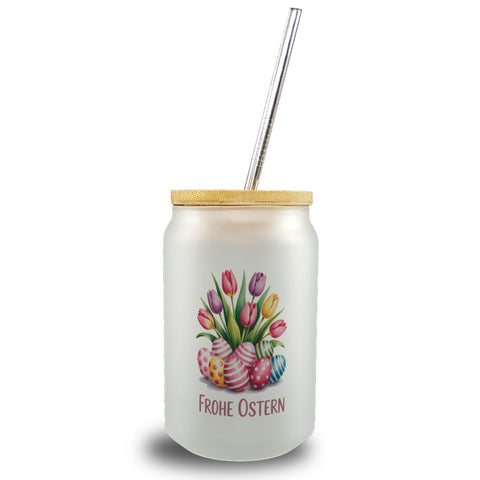 Tulpen und Ostereier Frohe Ostern Trinkglas mit Bambusdeckel
