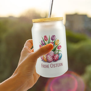 Tulpen und Ostereier Frohe Ostern Trinkglas mit Bambusdeckel