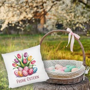 Tulpen und Ostereier Frohe Ostern Kissen