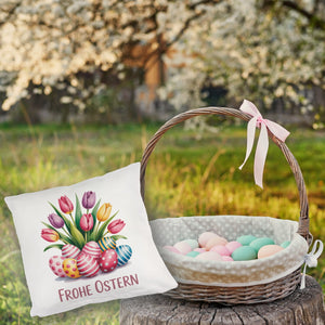 Tulpen und Ostereier Frohe Ostern Kissen