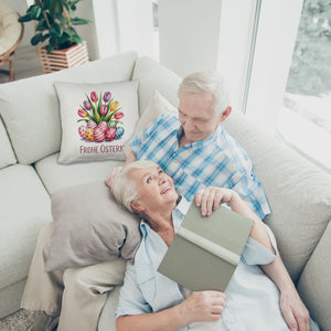 Tulpen und Ostereier Frohe Ostern Kissen
