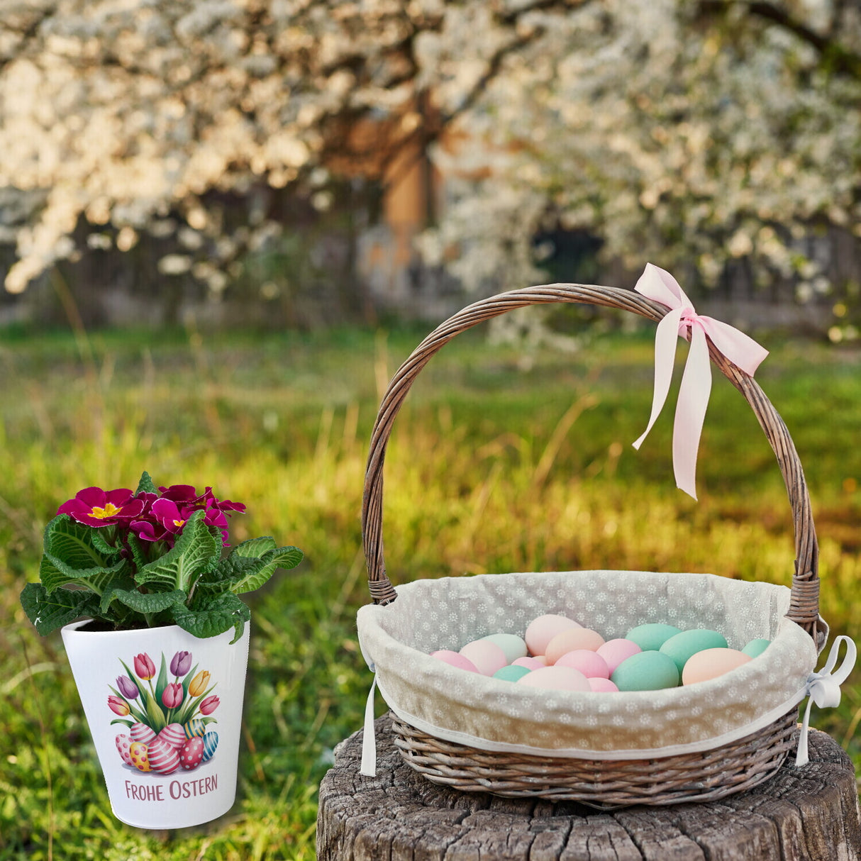 Tulpen und Ostereier Frohe Ostern Blumentopf