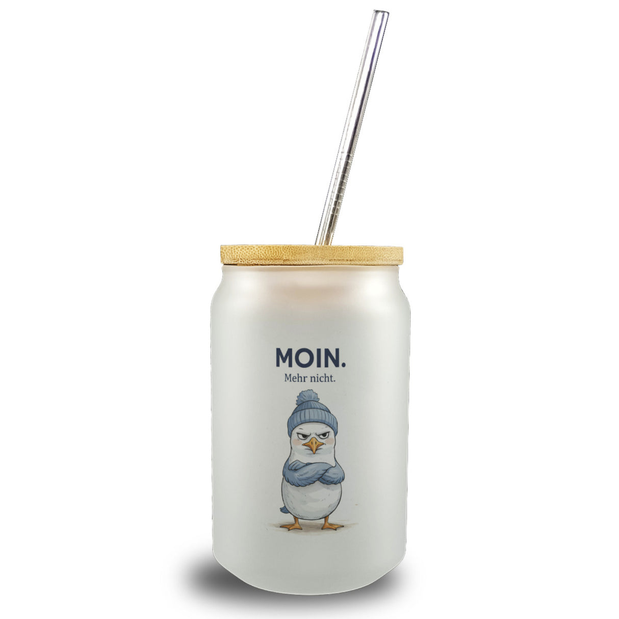 Manfred die Möwe Moin mehr nicht Trinkglas mit Bambusdeckel für Küstenfans