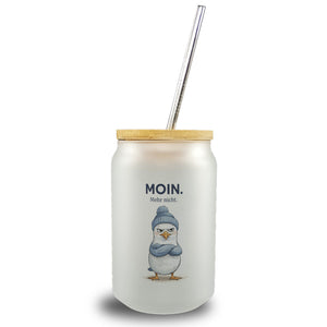 Manfred die Möwe Moin mehr nicht Trinkglas mit Bambusdeckel für Küstenfans