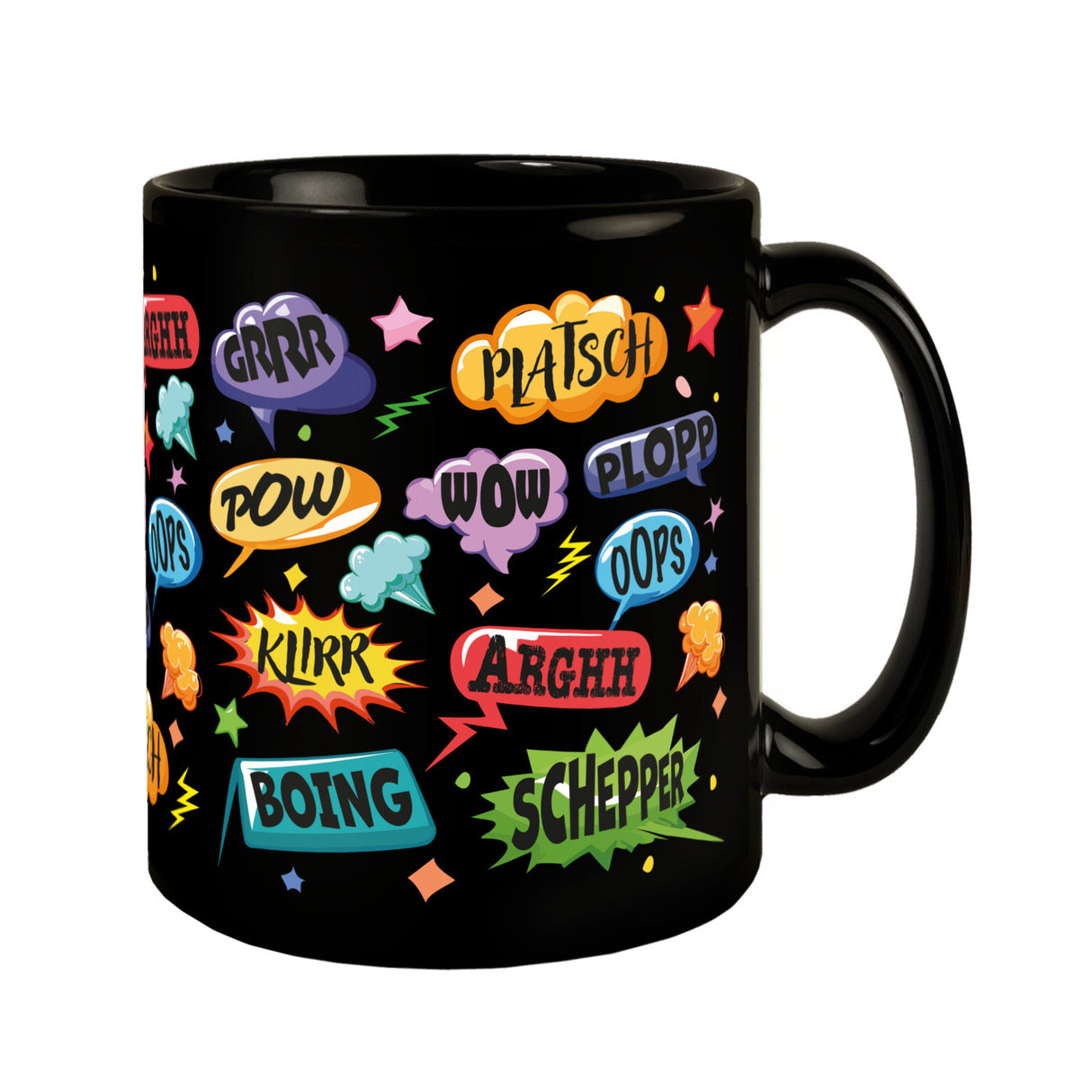 Comic Tasse in Schwarz mit Spruch: Unfallgeräusche: Alles schiefgelaufen!