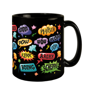Comic Tasse in Schwarz mit Spruch: Unfallgeräusche: Alles schiefgelaufen!