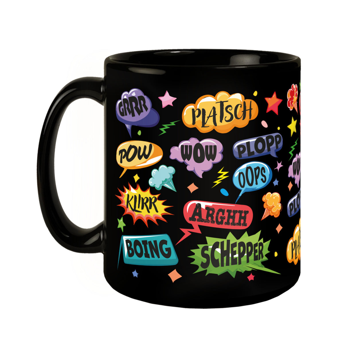 Comic Tasse in Schwarz mit Spruch: Unfallgeräusche: Alles schiefgelaufen!