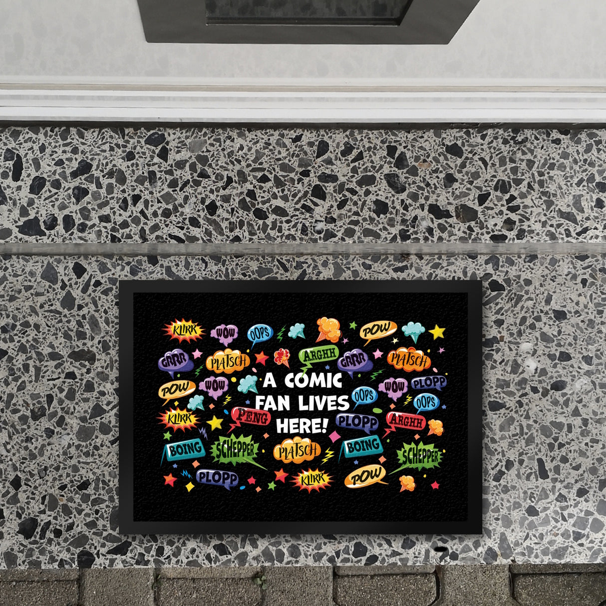 Comic Fußmatte in 35x50 cm mit Spruch: Klirr, pow, peng, plopp, oops
