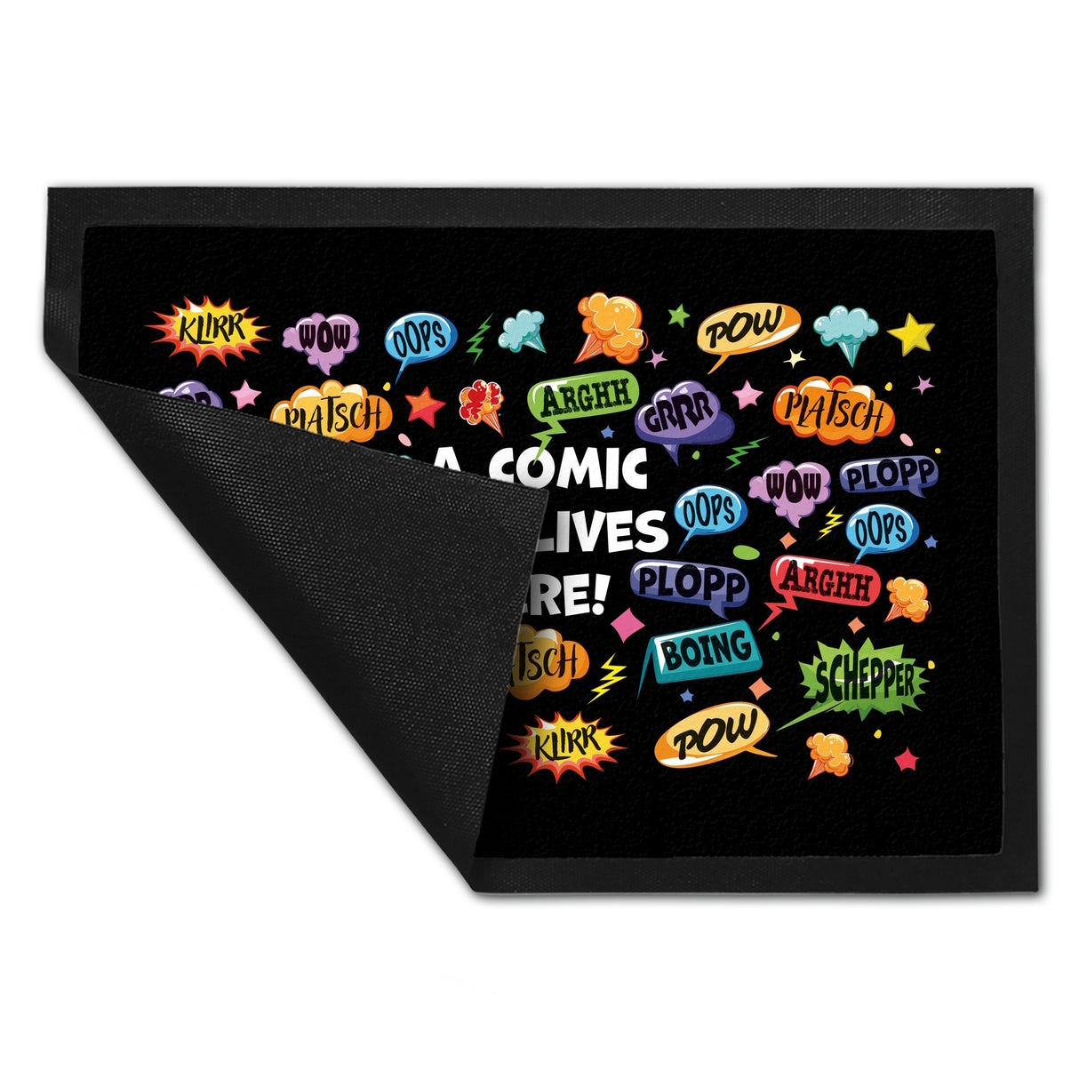 Comic Fußmatte in 35x50 cm mit Spruch: Klirr, pow, peng, plopp, oops