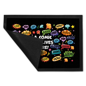 Comic Fußmatte in 35x50 cm mit Spruch: Klirr, pow, peng, plopp, oops