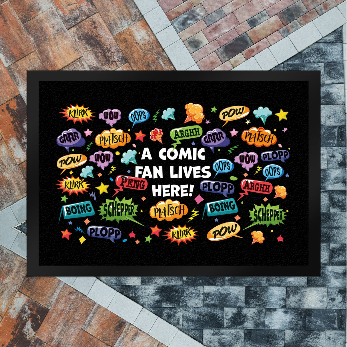 Comic Fußmatte in 35x50 cm mit Spruch: Klirr, pow, peng, plopp, oops
