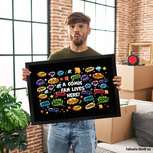 Comic Fußmatte in 35x50 cm mit Spruch: Klirr, pow, peng, plopp, oops