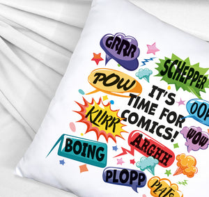 Comic Kissen mit Spruch: Comics time: POW, WOW, BOING!
