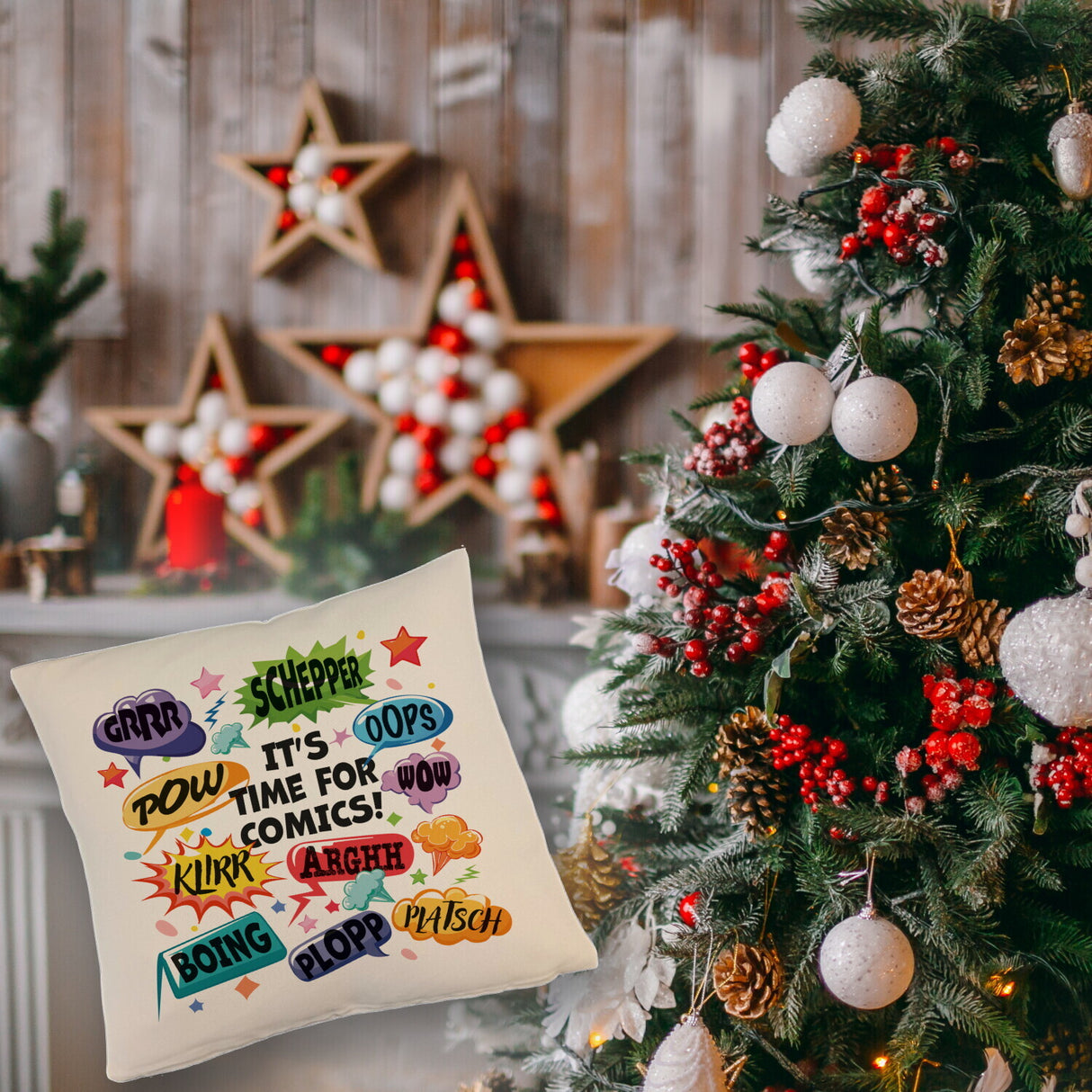 Comic Kissen mit Spruch: Comics time: POW, WOW, BOING!