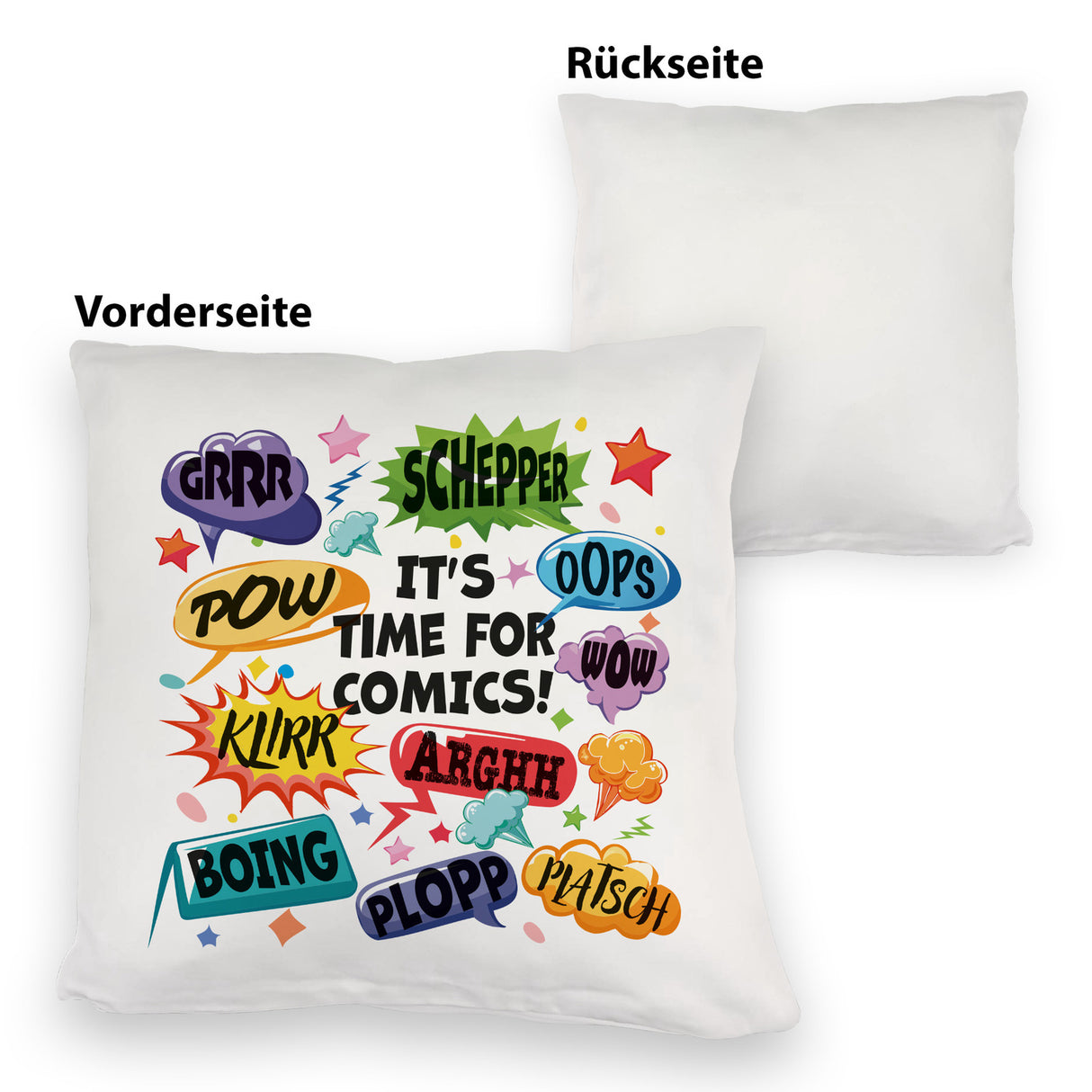 Comic Kissen mit Spruch: Comics time: POW, WOW, BOING!