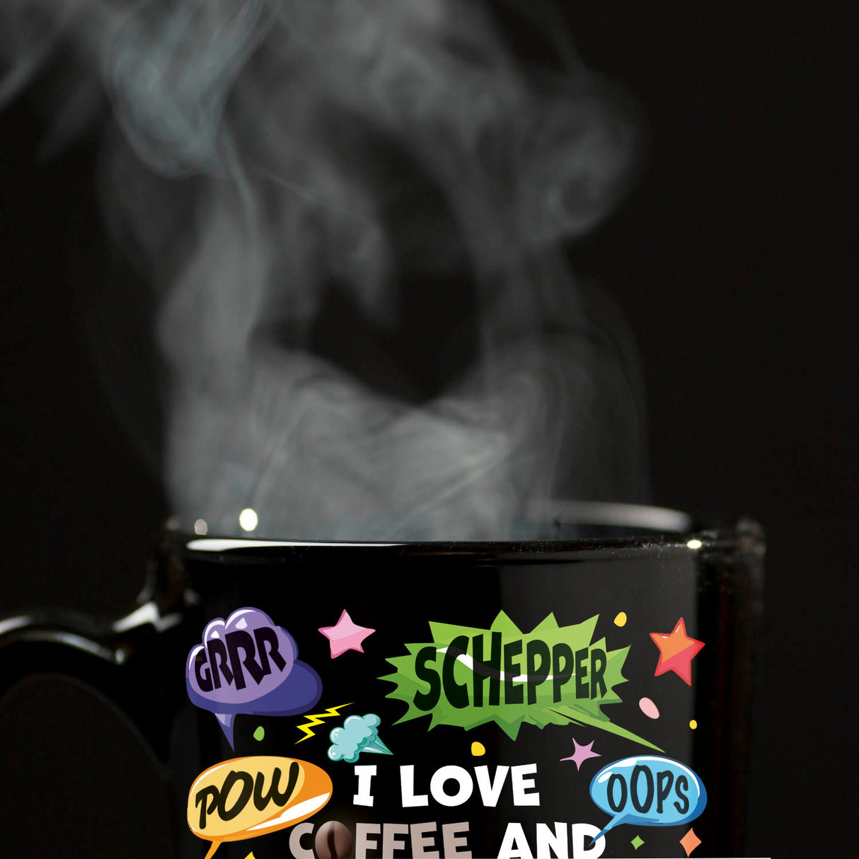 Comic Tasse in Schwarz mit Spruch: Love Comics and coffee