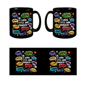 Comic Tasse in Schwarz mit Spruch: Love Comics and coffee