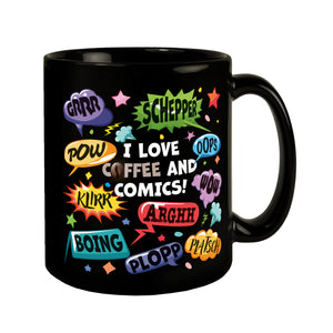 Comic Tasse in Schwarz mit Spruch: Love Comics and coffee